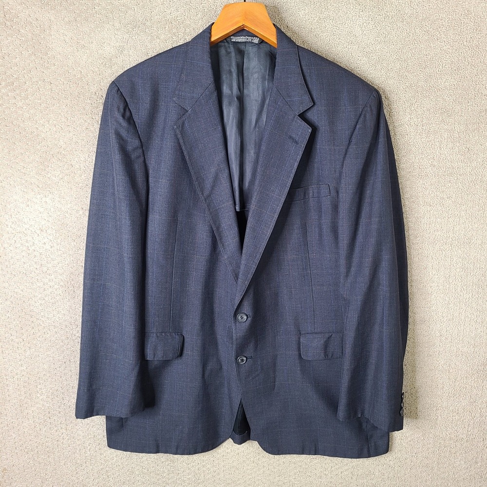 Vintage Christian Brooks Jacket Mens 46L Blue Plaid Blazer Two Button Wool Coat